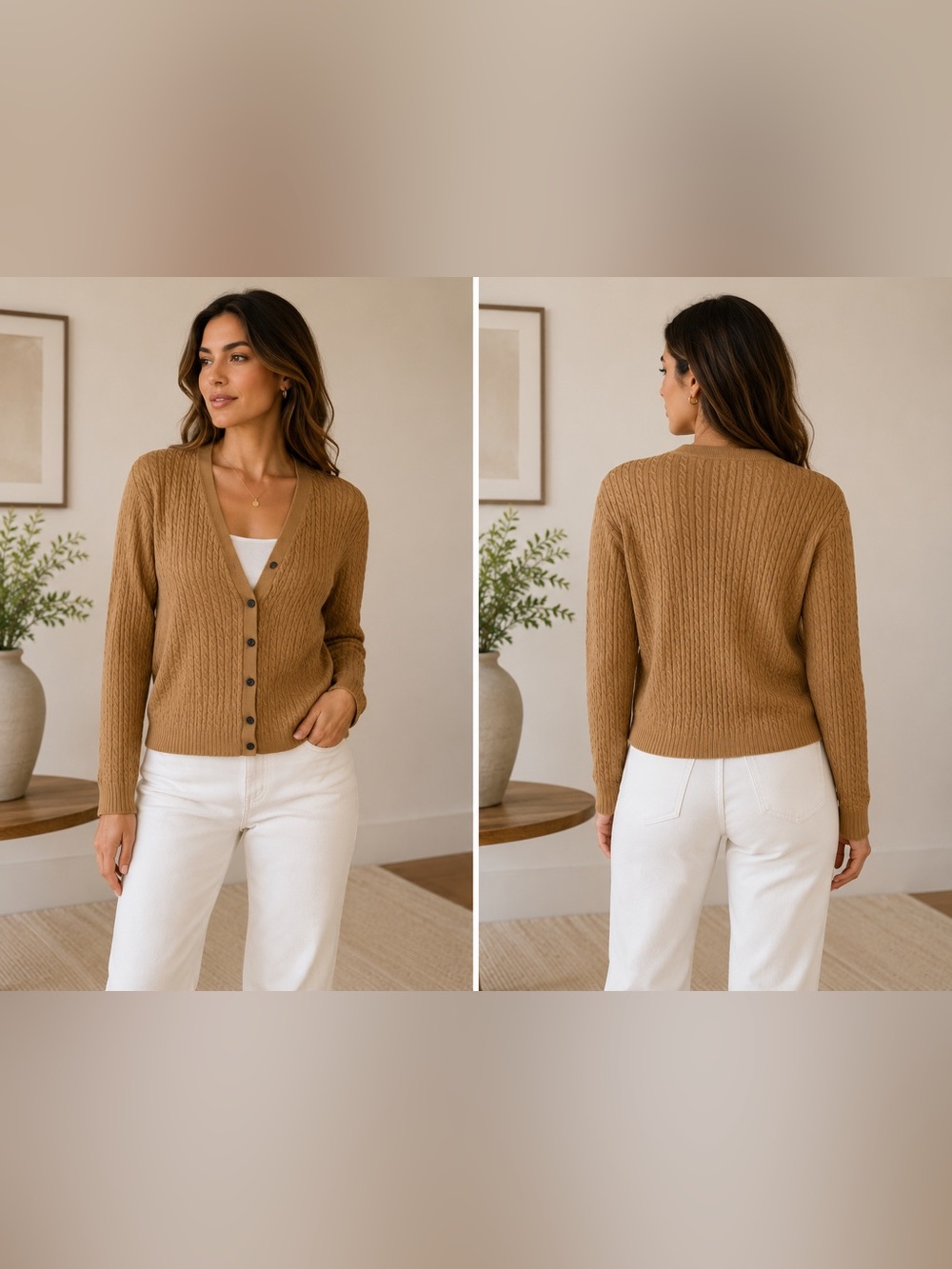Ralph Lauren Cable Knit Cardigan Sweater Women’s Size L Camel Brown Button Front - Picture 3 of 16